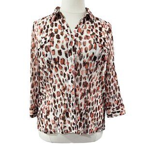 Chico's Maroon Cream Abstract Animal Print Sheer Mesh Button-Up Shirt